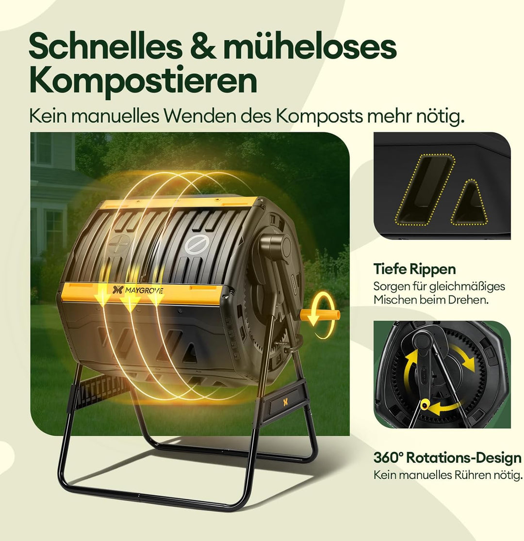 Komposter Garten 200L Schnellkomposter mit 2 Grossen Kammern und Schiebetüren Trommelkomposter 360°-