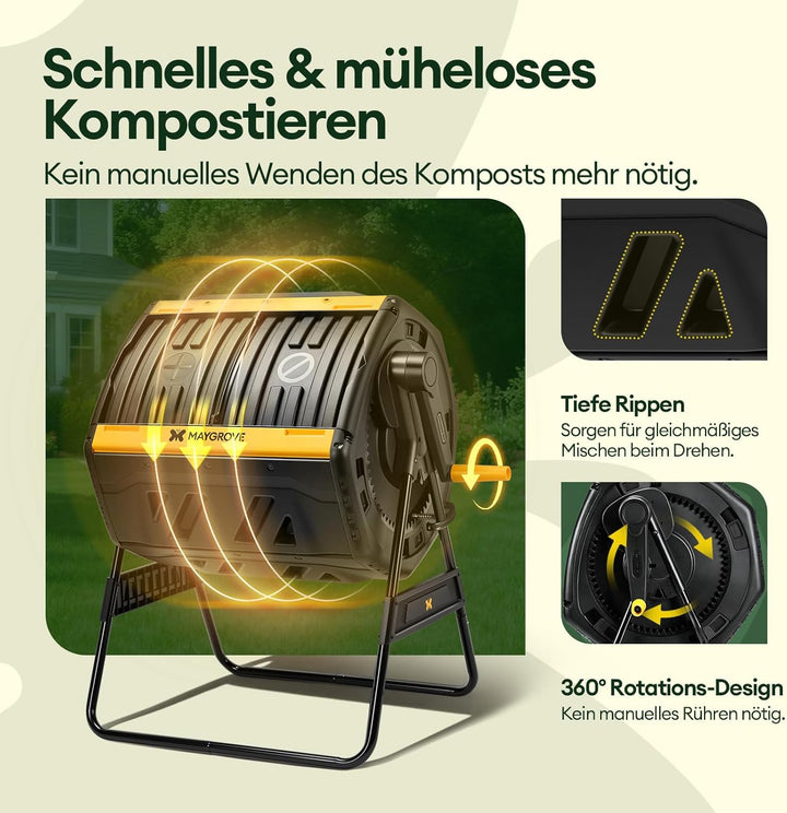 Komposter Garten 200L Schnellkomposter mit 2 Grossen Kammern und Schiebetüren Trommelkomposter 360°-