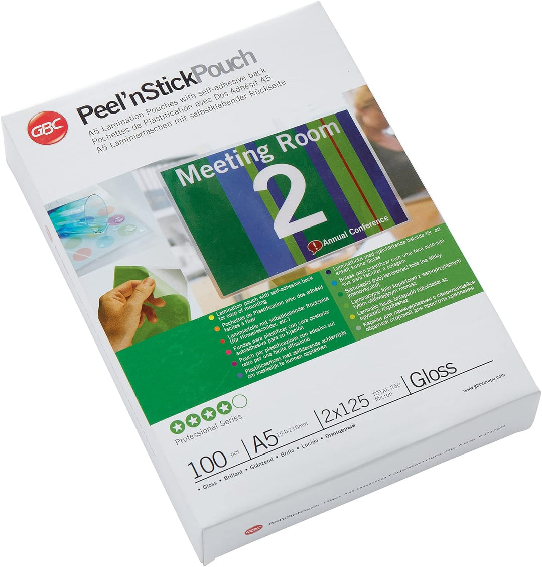 GBC selbstklebende Laminierfolien A5 125 mic, Peel'nStick, Robuste Laminiertaschen im 100er Pack, Gl
