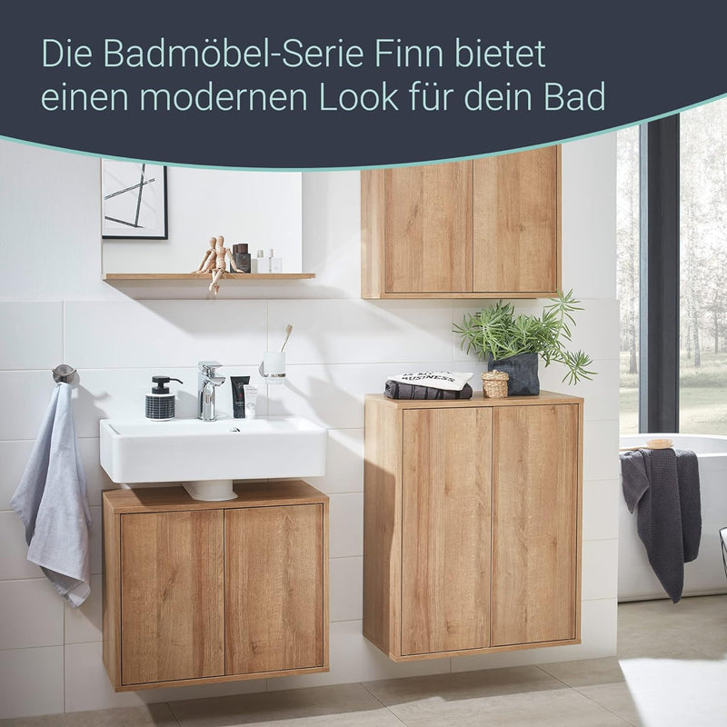 FACKELMANN Finn Midischrank (60 x 75 x 30,5 cm) – Badezimmerkommode mit 2 Einlegeböden aus Glas – Ba