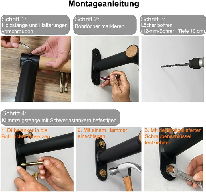 Klimmzugstange Wandmontage aus Holz, 40mm Holzgriff aus Buche, Platzsparende Pull Up Bar für Home Gy
