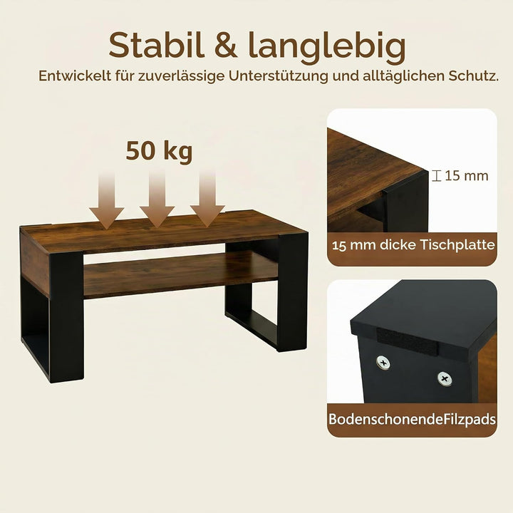 LED Couchtisch mit Stauraum, Wohnzimmertisch mit 2 Ebenen, moderner Sofatisch aus Holz, Beistelltisc
