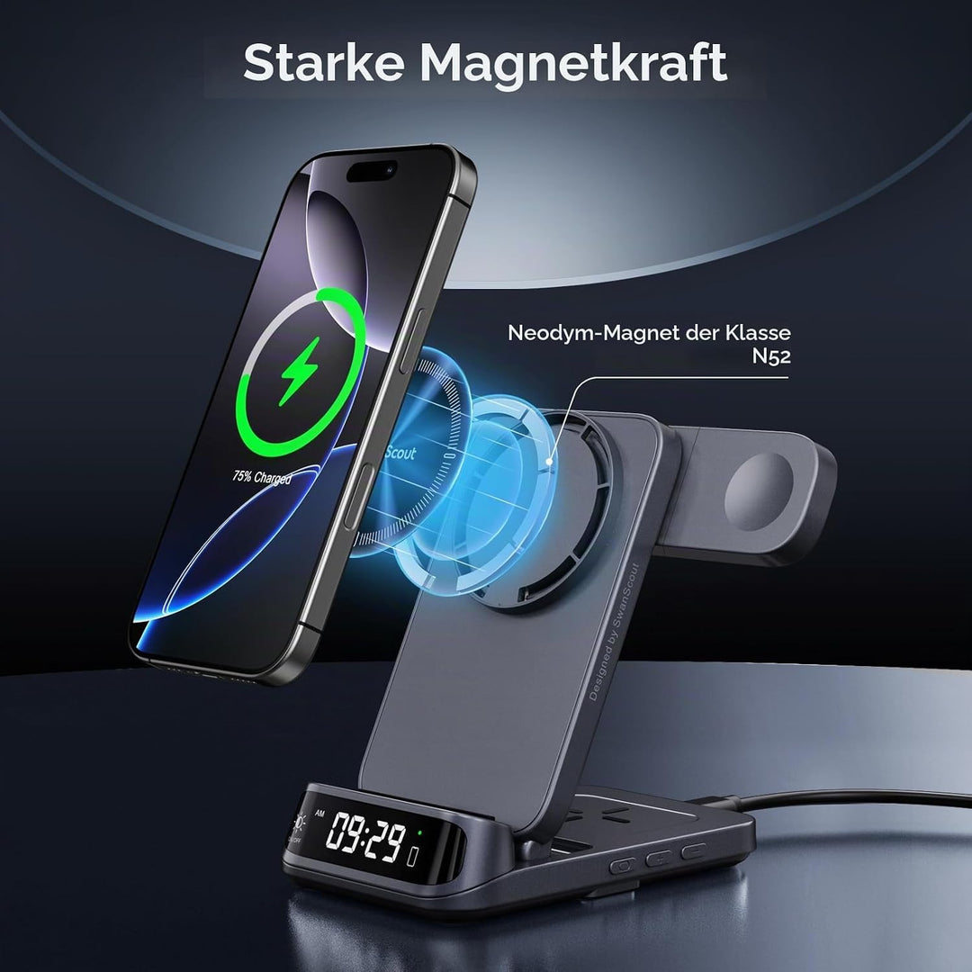SwanScout 708M Induktive Ladestation, Faltbares 3 IN 1 Magnetisches Ladegerät für Apple Watch und iP