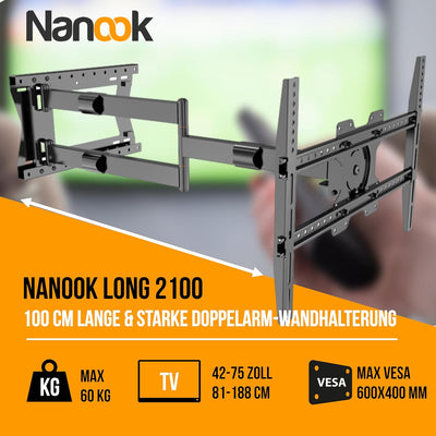 Nanook 2100 Langarm-TV-Wandhalterung für 42-75-Zoll-Fernseher, Extra langer Auszug bis zu 100 cm, St