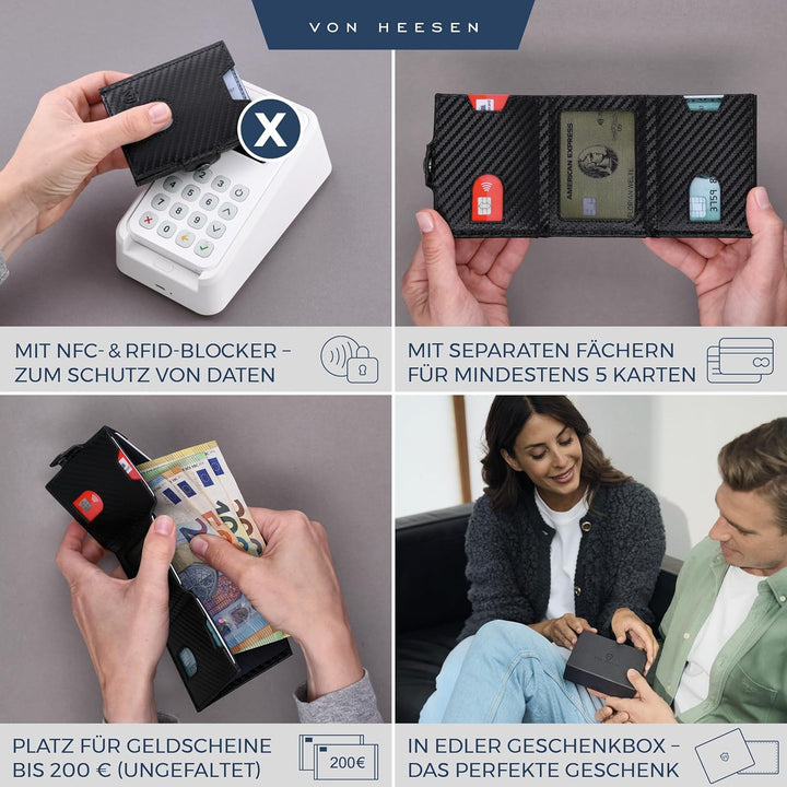VON HEESEN Slim Wallet mit XL Münzfach & RFID-Schutz - Leder Geldbeutel - Mini Geldbörse für Herren