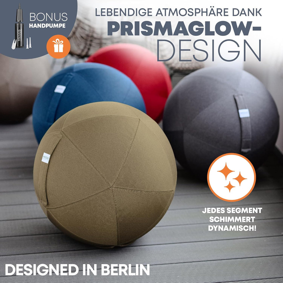 MEGGS® Stoff-Sitzball 65cm, Ergonomisch Sitzen im Büro & Zuhause, [Wegrollschutz & Platz-Sicher], Pe