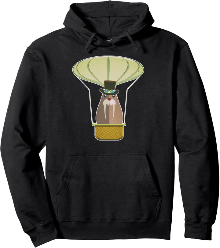 Hot Air Balloon with Walrus in Old-timey Top Hat Steampunk Pullover Hoodie