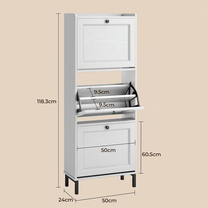 3-Klappen-Schuhschrank, schmaler Holzschrank mit verstellbaren Trennwänden für 14–18 Paar, ideal für