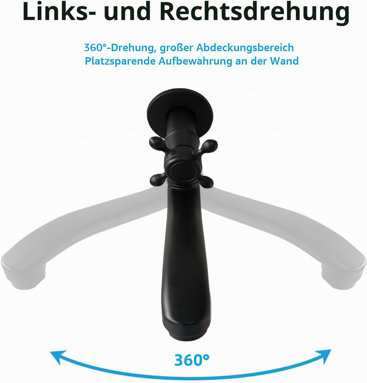 Wandarmatur Kaltwasser Schwarz, Wasserhahn Wandmontage Lang, 360° Drehbar Wasserhahn Garten Wand, Wa