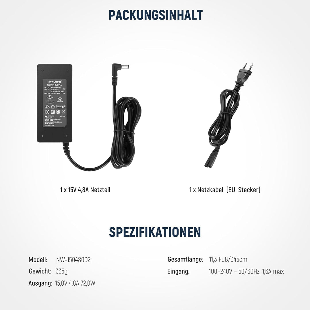 NEEWER 15V 4,8A 72W Netzteil mit 5,5 x 2,5mm männlichem Gleichstromkabel 100–240V Wechselstrom auf G