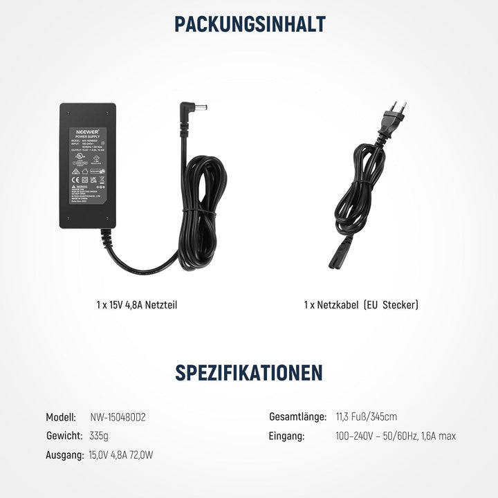 NEEWER 15V 4,8A 72W Netzteil mit 5,5 x 2,5mm männlichem Gleichstromkabel 100–240V Wechselstrom auf G
