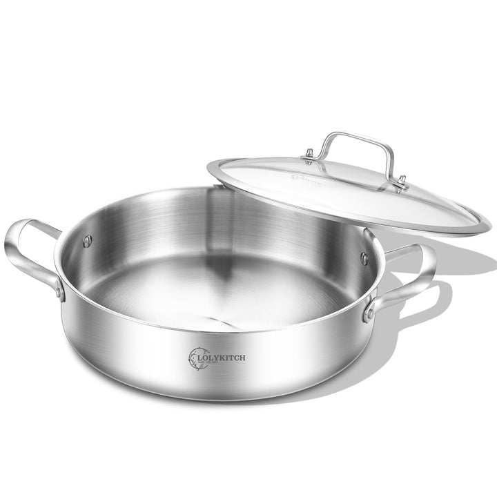 LOLYKITCH Schmorpfanne 26 cm Hoher Rand, Schmortopf mit Deckel 2.5 L, Edelstahl Unbeschichtet, Pfann