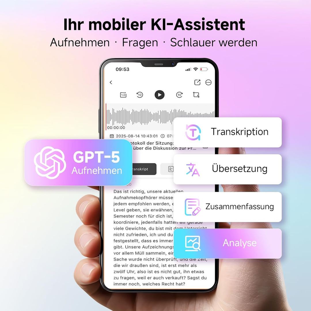 KI Digitales Diktiergerät, Transkribieren und Zusammenfassen, One-Touch-Aufnahme, Unterstützt 80+ Sp