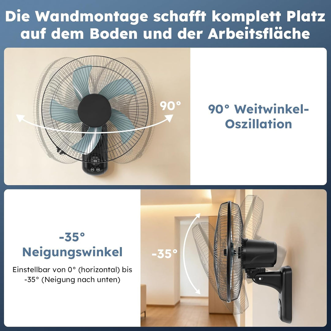 Wandventilator mit Fernbedienung, 40 cm Wand Ventilator mit 3 Geschwindigkeiten, Oszillation 90° & T
