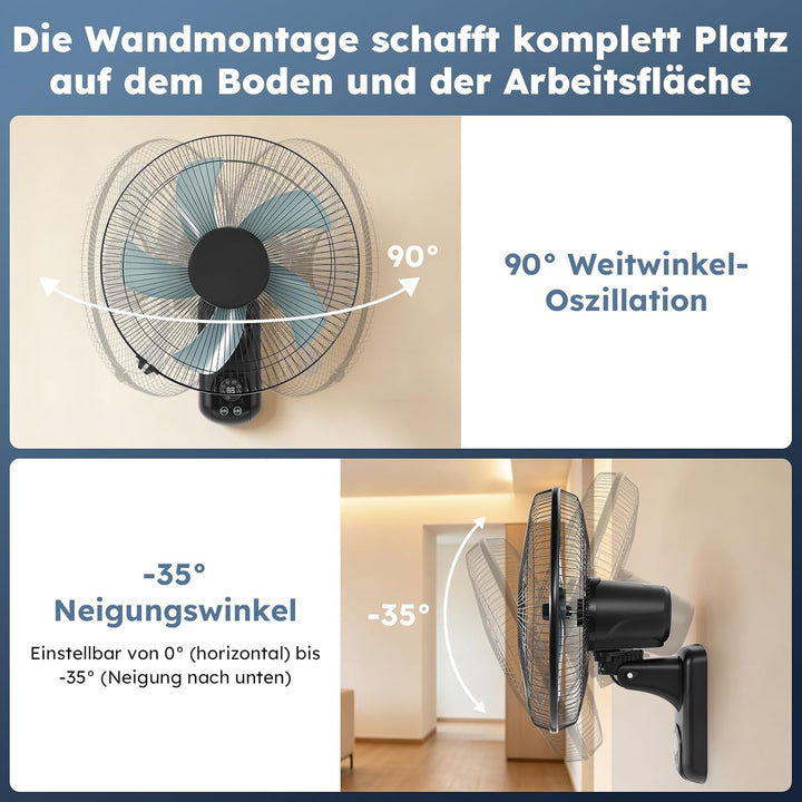 Wandventilator mit Fernbedienung, 40 cm Wand Ventilator mit 3 Geschwindigkeiten, Oszillation 90° & T