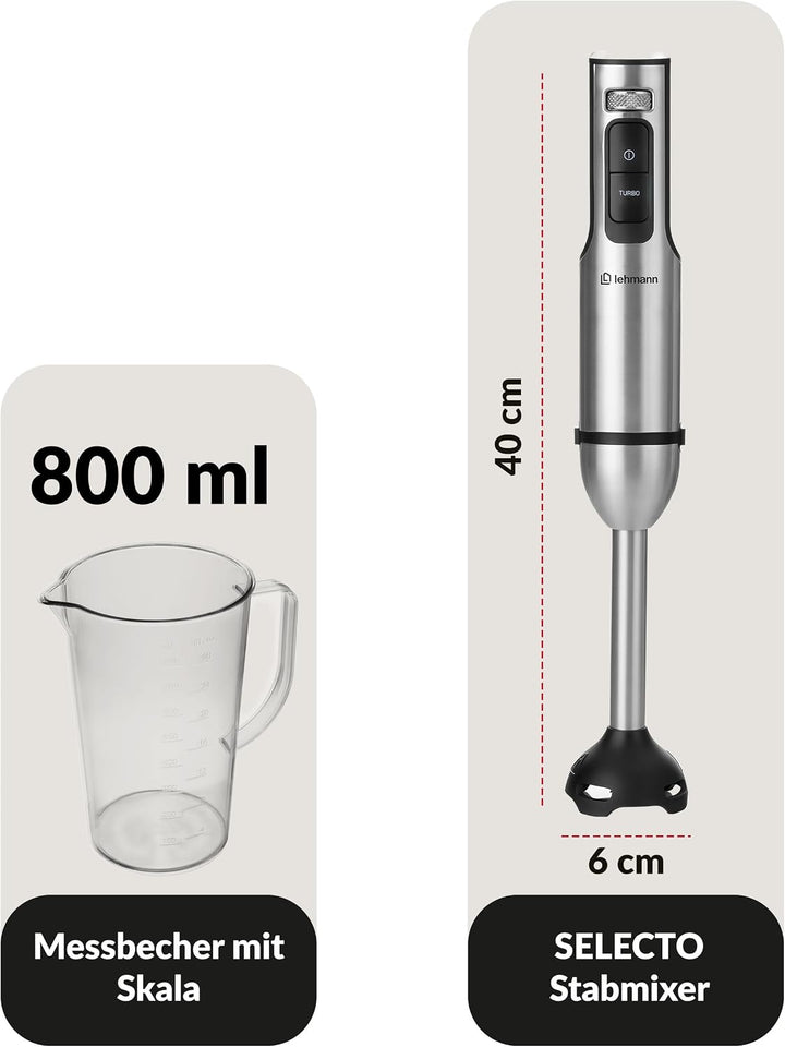LEHMANN Stabmixer 2000 Watt, 12 Geschwindigkeitsstufen & Turbo-Funktion, Edelstahlklingen, Digitales