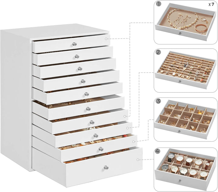 SONGMICS Schmuckkästchen, Schmuckschatulle mit 10 Ebenen, grosse Schmuckbox aus Kunstleder, mit Schu