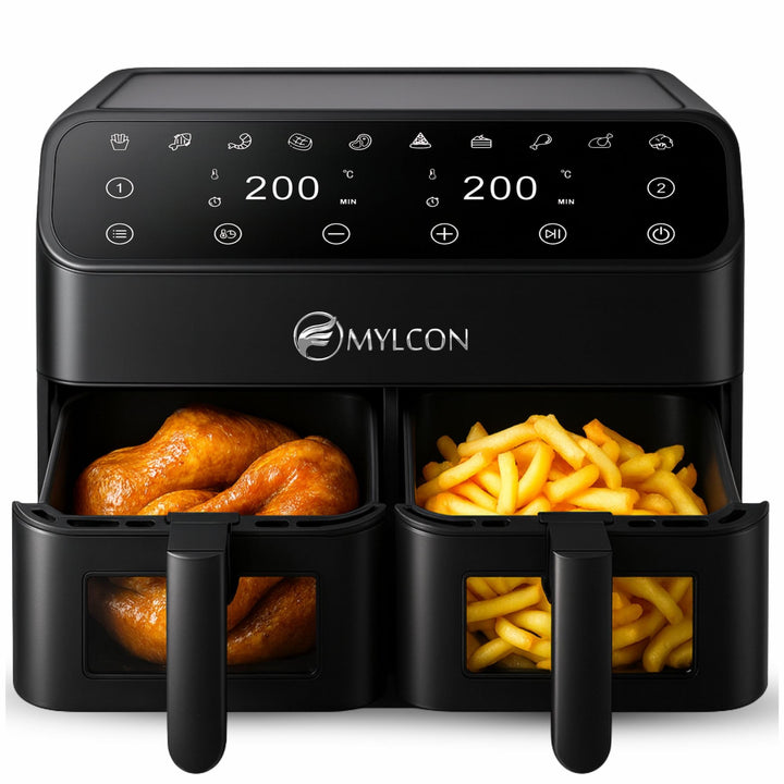 Crispyo Heissluftfritteuse Doppelkammer mit Sichtfenster, 8L (2 x 4L), 10 Programme, Touch-Bedienung
