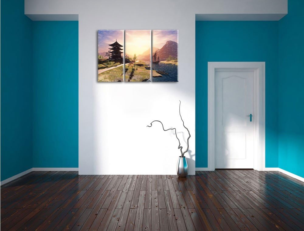 Pixxprint beeindruckender asiatischer Tempel an Fluss Kunst Buntstift Effekt 3-Teiler Leinwandbild 1