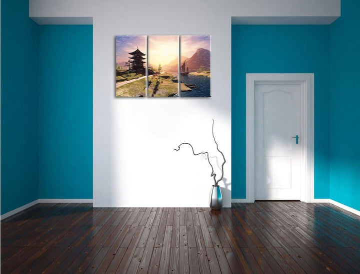 Pixxprint beeindruckender asiatischer Tempel an Fluss Kunst Buntstift Effekt 3-Teiler Leinwandbild 1