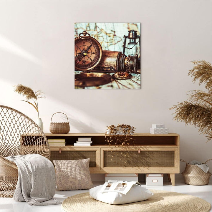 Bilder auf Leinwand Kompass Teleskop Abenteuer antik Leinwandbild 60x60cm Wandbilder Dekoration Wohn