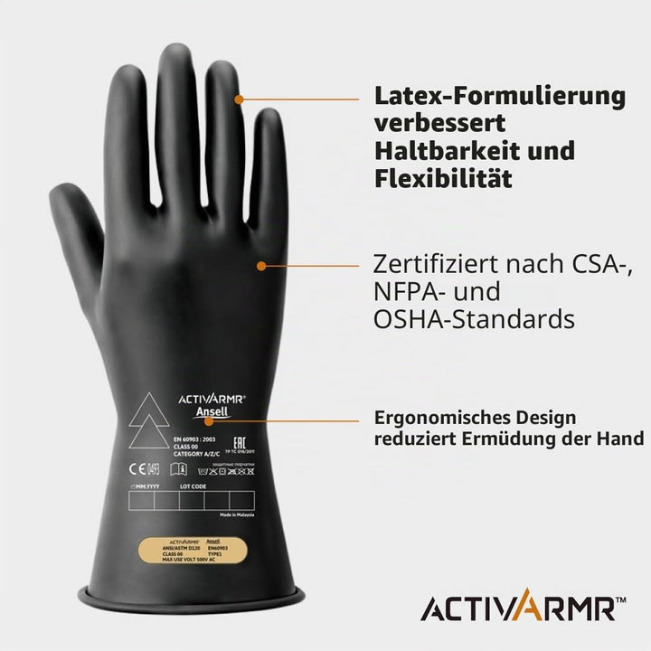 Ansell ActivArmr Elektriker-Schutzhandschuhe, Elektroschutz Klass 00 (500V), Elektrisch Isolierende