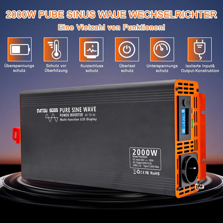 DATOUBOSS Wechselrichter Reiner Sinus 2000W/4000W Spannungswandler 24V 230V LCD-Display und 1x USB +