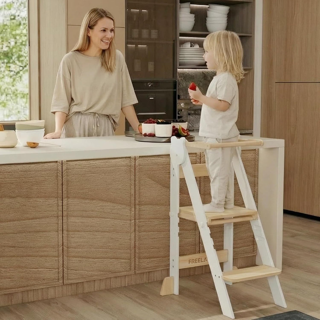 Lernturm Klappbar & 3-Fach Höhenverstellbar - Kippsicherer Learning Tower aus Kiefernholz - Mitwachs