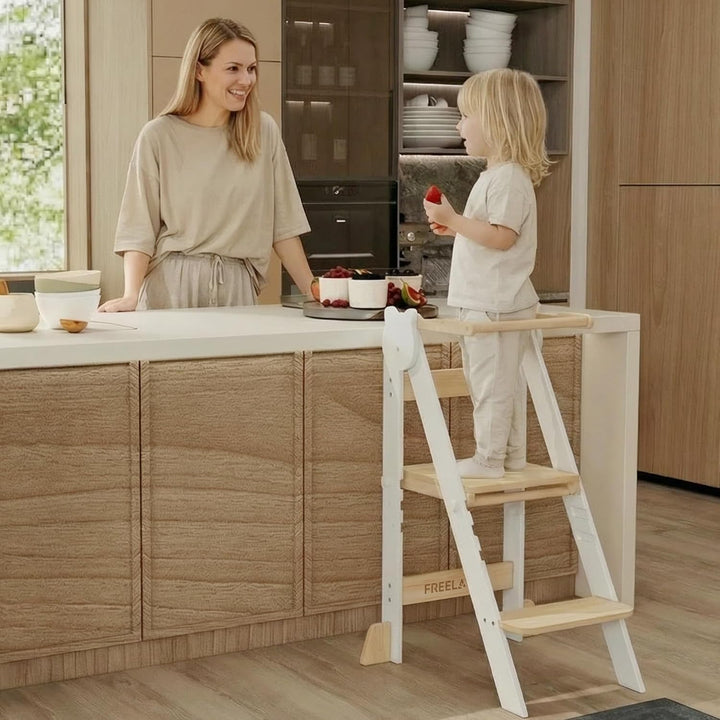 Lernturm Klappbar & 3-Fach Höhenverstellbar - Kippsicherer Learning Tower aus Kiefernholz - Mitwachs