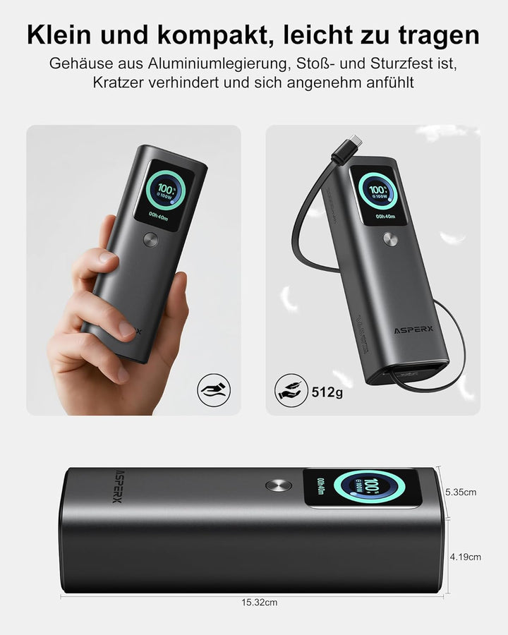 AsperX Power Bank 20000mAh-2x PD 100W Alulegierung Laptop Powerbank USB-C Schnellladung, Insgesamt 1