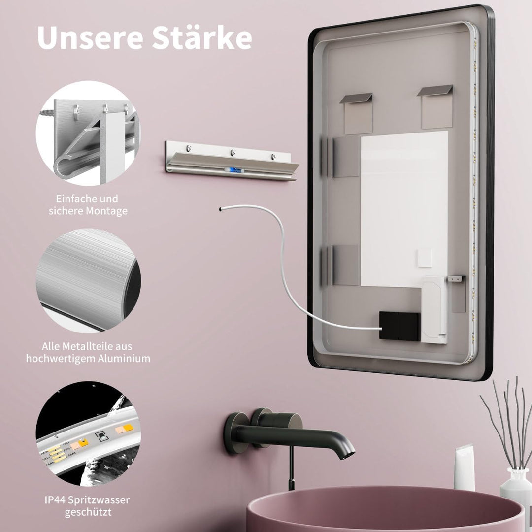 HOKO Antibeschlag LED Badspiegel 50x70 cm / 70x50 cm Kalifornien mit Schwarzer Metallrahmen, HOCH+QU