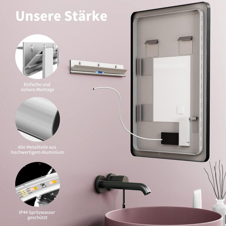 HOKO Antibeschlag LED Badspiegel 50x70 cm / 70x50 cm Kalifornien mit Schwarzer Metallrahmen, HOCH+QU