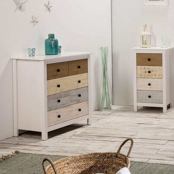 VS Venta-stock Magda Kommode mit 5 Schubladen Weiss und mehrfarbige Schubladen, Massives kiefernholz