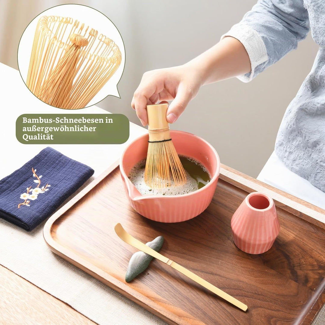 Matcha Set Premium 7-teilig Keramik: Matcha Schale, Bambus Besen (Chasen),Teebesenbasis，Teelöffel, S