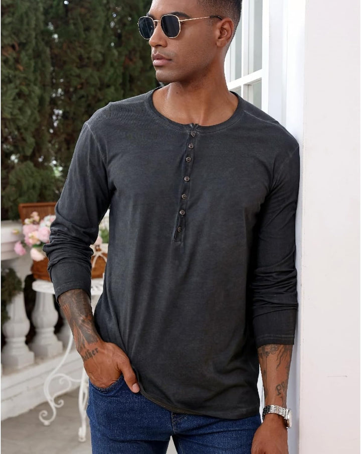 YawYews Henley Shirt Herren Langarm Langarmshirt Herren Longsleeve T Shirt Vintage Tshirt Baumwolle