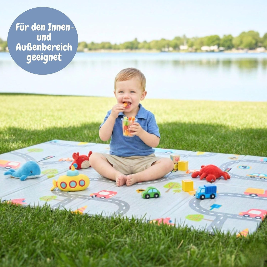 Krabbelmatte Baby, faltbar, doppelseitig, 150x180cm Dinosaurier und Autos | Kinder Spieldecke, Rutsc