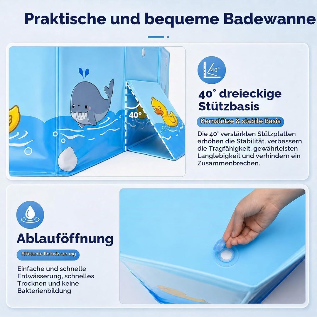 Faltbare Badewanne für Kinder, Tragbare Reise Baby Säugling mit Dreieckige Stütze und Ablassschraube