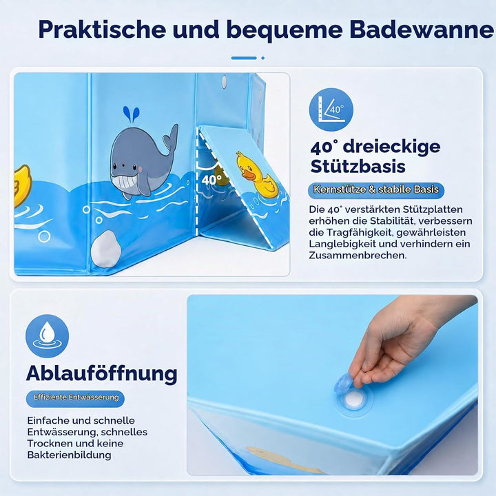 Faltbare Badewanne für Kinder, Tragbare Reise Baby Säugling mit Dreieckige Stütze und Ablassschraube