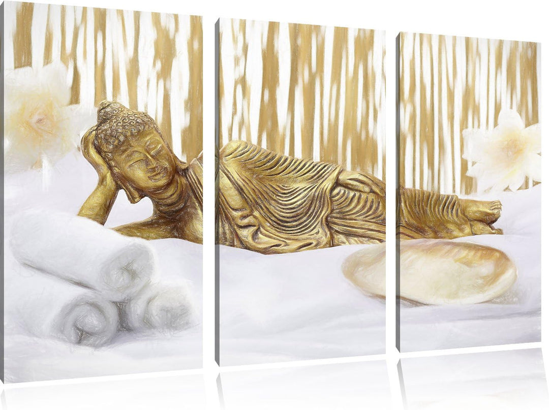 Pixxprint Goldener Buddha auf Handtuch als Leinwandbild/Grösse: 3 Teilig (120x80 cm) cm/Wandbild/Kun