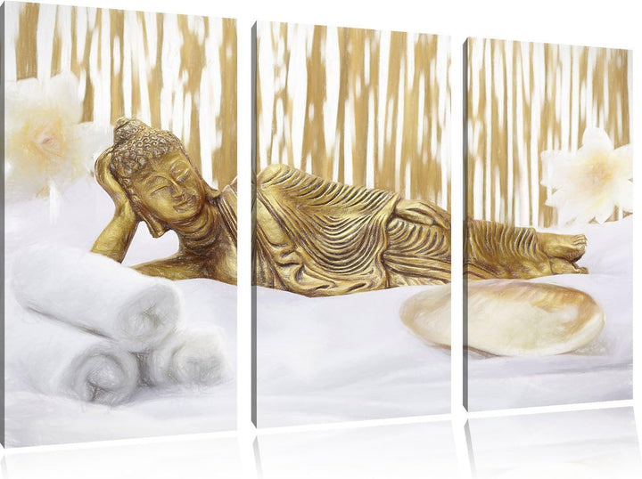 Pixxprint Goldener Buddha auf Handtuch als Leinwandbild/Grösse: 3 Teilig (120x80 cm) cm/Wandbild/Kun