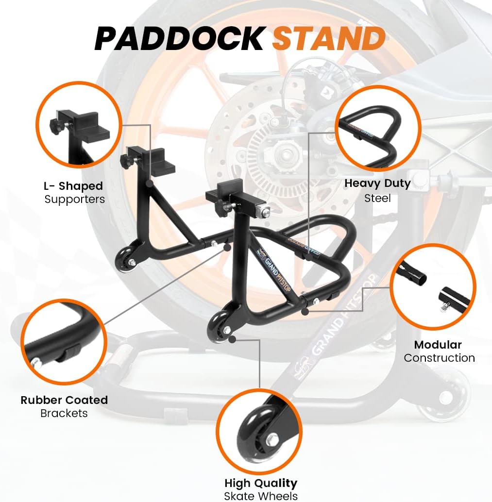 Grand Pitstop Universal Rear Paddock Stand for Bike Attached Skate Wheels with Swingarm Rest (Disman