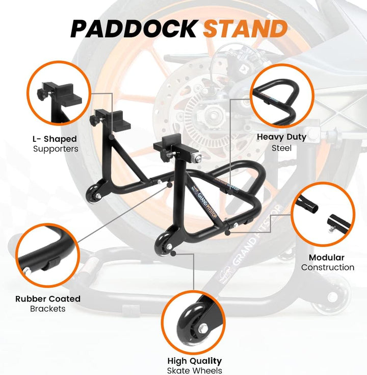 Grand Pitstop Universal Rear Paddock Stand for Bike Attached Skate Wheels with Swingarm Rest (Disman