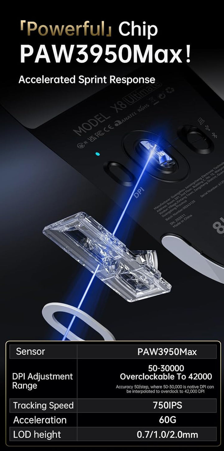 ATTACK SHARK X8 Serie Kabellose Gaming-Maus, 55–65 g Superleicht, PixArt PAW3395/3950 Sensor, BT/2.4