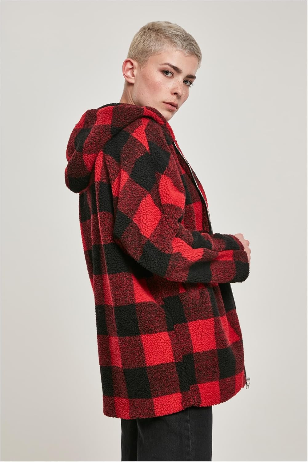 Urban Classics Damen Winter Jacke Ladies Oversized Check Sherpa Jacket mit Kapuze, Holzfäller Karo M