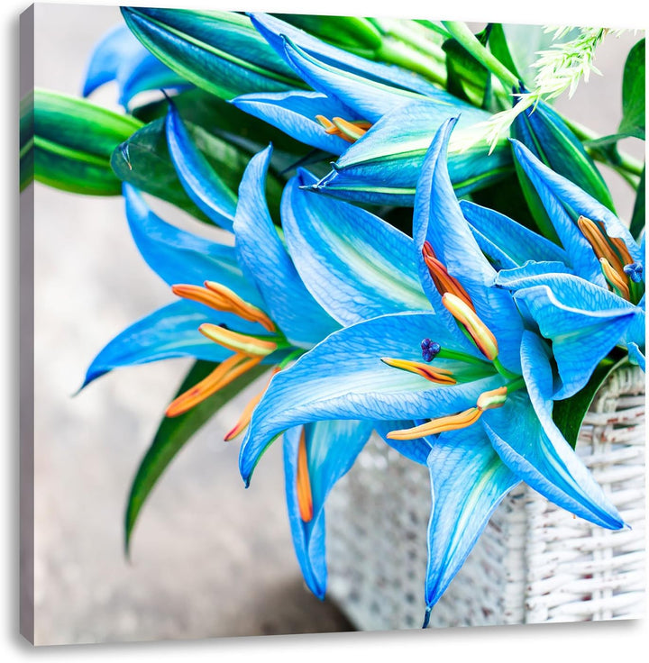 Pixxprint schöne Blaue Blumen im Körbchen, Format: 70x70 auf Leinwand, 70x70