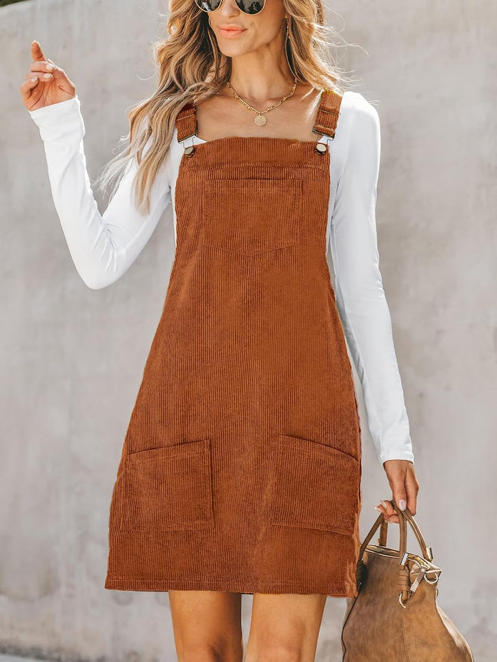 CUPSHE Damen Latzrock Quadratischer Ausschnitt Hosenträger Taschen Cord Latzkleid Overallkleid Freiz