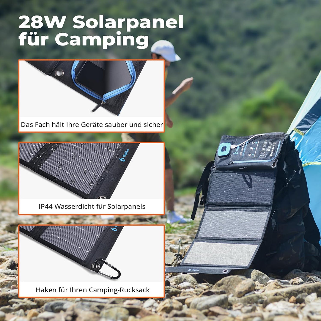 BigBlue 28W Tragbar Solar Ladegerät 2-Port USB(5V/4A insgesamt), IPX4, Solarpanel mit Digital Ampere