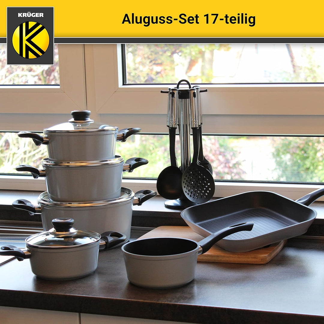 Krüger Aluguss-Set 17-teilig - antihaft-versiegeltes Topf- und Pfannenset mit Küchenhelfer - hohe Hi