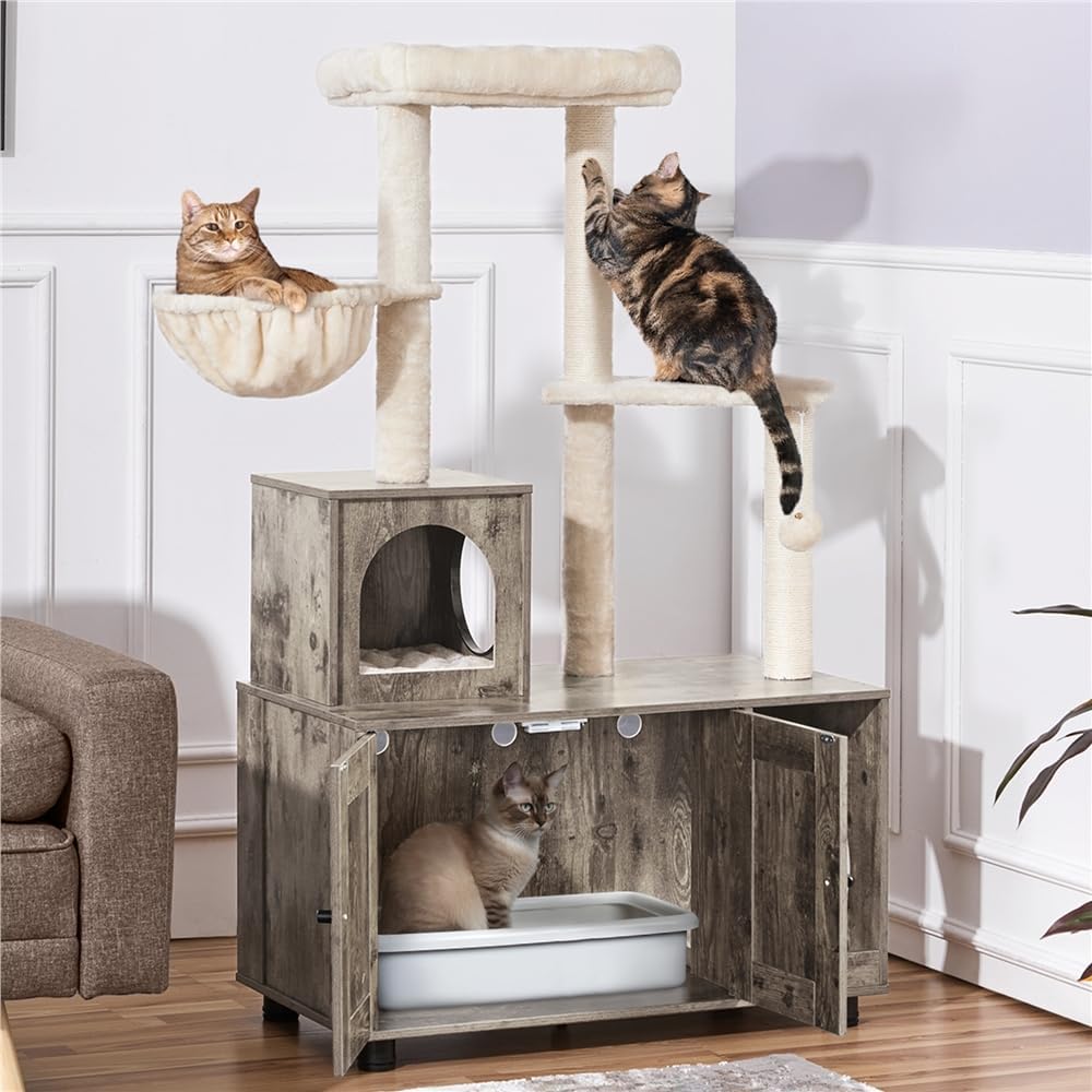 Yaheetech Katzenbaum mit Katzenklo Schrank, 134,5 cm hoch, All-in-One Kratzbaum mit Höhle Plattform