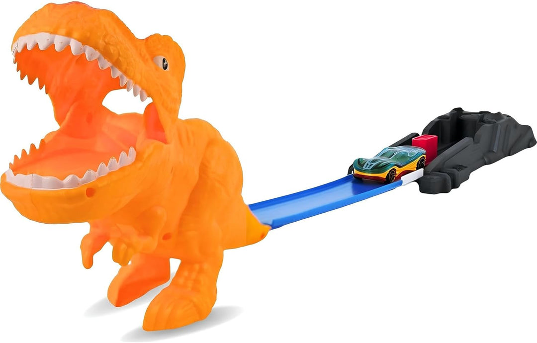 Dinosaurier-Bahn Tyrannosaurus T-Rex mit Launcher und Auto aus Metall Rennbahn Autos Todessprung Fle